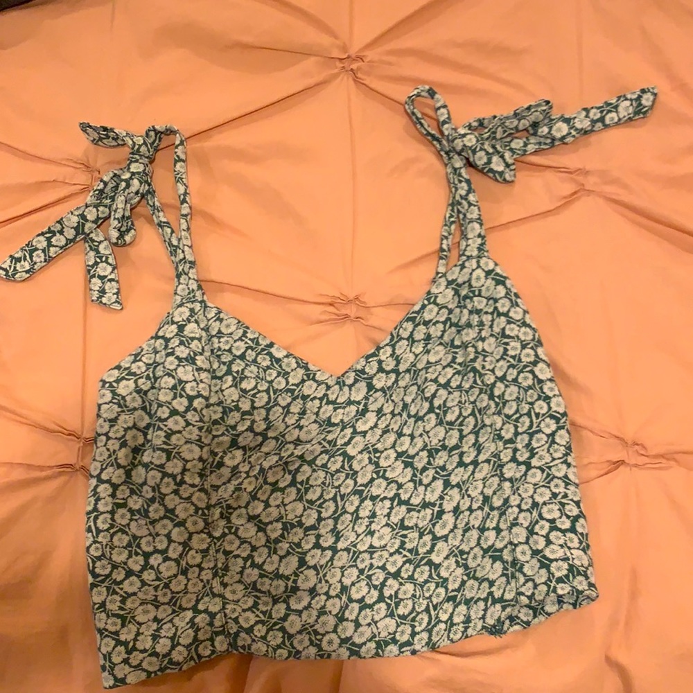 White and green floral tank top with tie straps